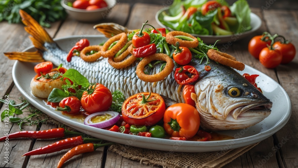 Poster baked whole fish garnished with fresh vegetables and herbs on a rustic table with empty space for te