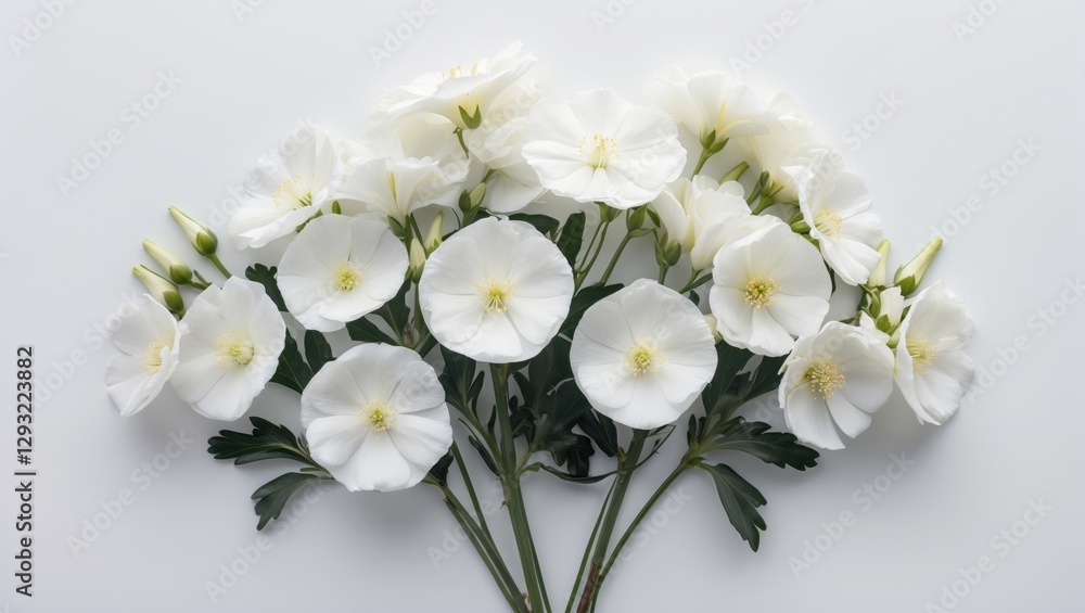 Poster delicate white margaret flowers lying on a white background with ample space for text overlay and de