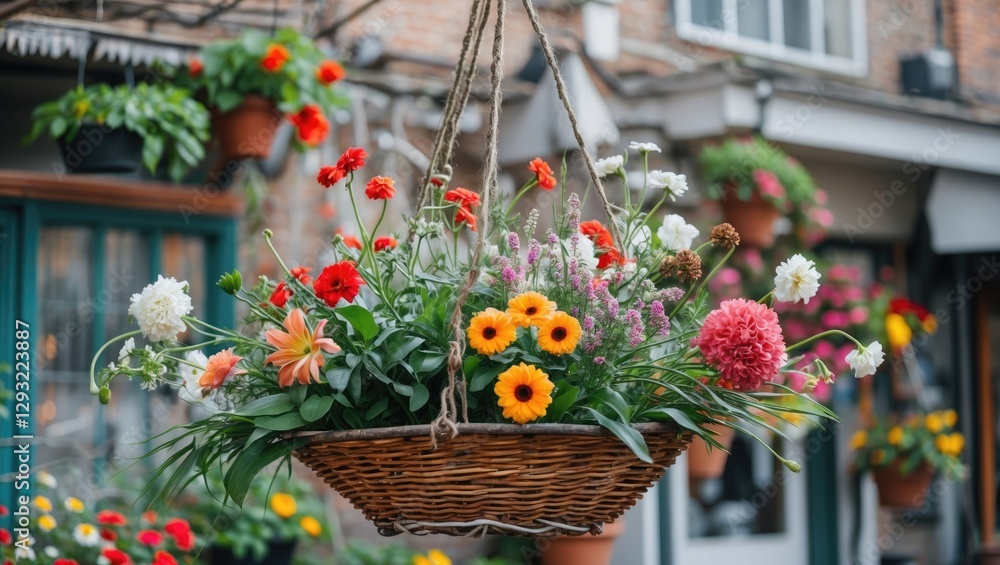 Poster hanging basket filled with colorful flowers against a rustic background featuring empty space for yo