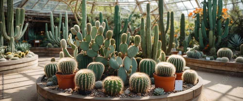 Poster lush cactus collection in a bright botanical garden with ample space for text and descriptions on a 
