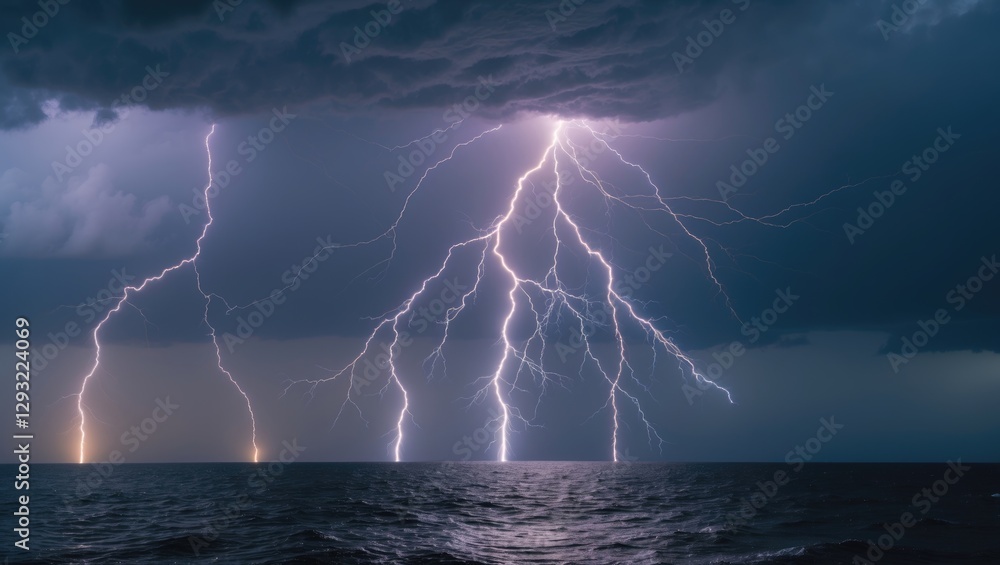 Poster Dramatic Lightning Strikes Over Ocean During Storm Creating Moody Atmosphere With Space For Text Overlay