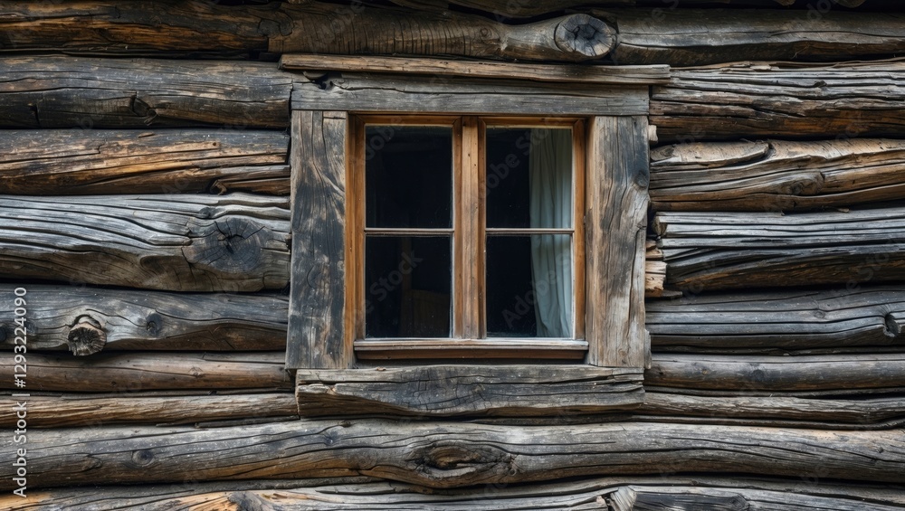 Poster log wall texture with wooden window of rustic house showcasing natural weathered patterns and crafts