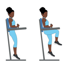 A Black African woman in blue clothing doing power tower bicycle exercise for abs. Flat vector illustration isolated on white background