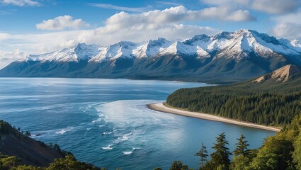 Naklejka premium Breathtaking coastal landscape featuring snow-capped mountains, serene ocean waves, lush forests, and space for text or captions.