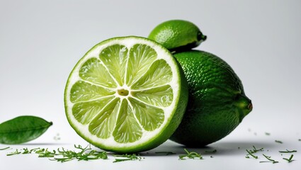 Freshly sliced green lime with whole limes and leaves showcasing vibrant colors on white background emphasizing healthy food concept.
