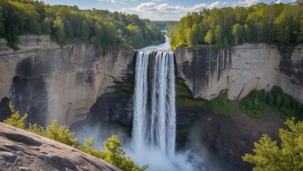 Fototapeta premium Majestic Waterfall Cascading Over Cliff Surrounded by Lush Green Forest in Summer Nature Landscape