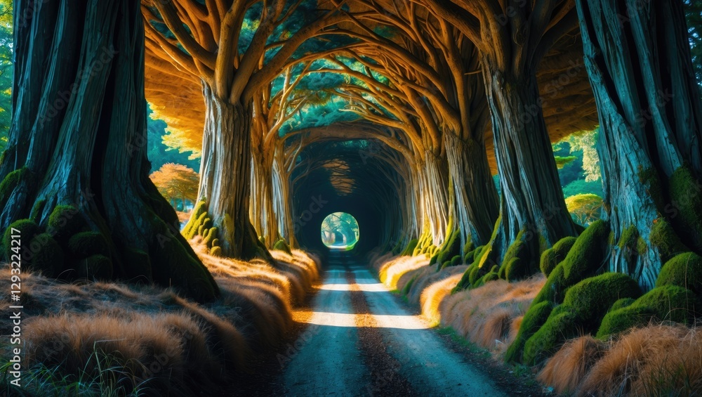 Poster cypress tree tunnel with natural landscape pathway and empty space for text in peaceful nature setti