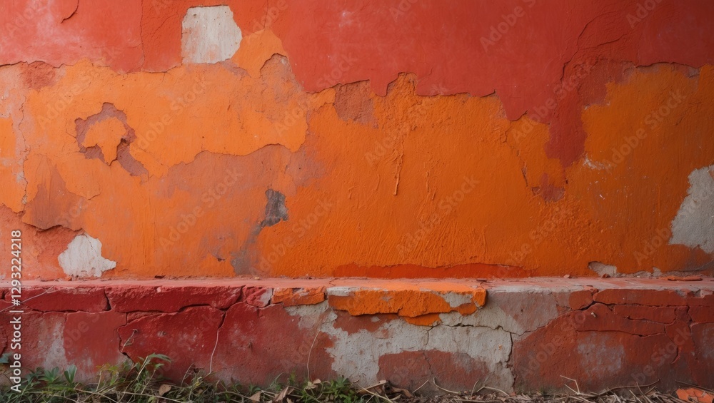 Poster textured red and orange peeling paint wall background ideal for design projects or as a rustic backd
