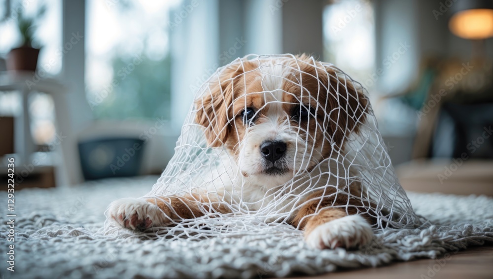 Poster cozy indoor setting with puppy playfully wrapped in white netting on soft rug, capturing a relaxed a