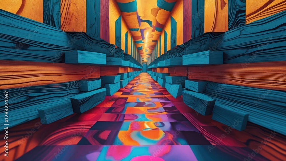 Poster vibrant abstract corridor with toned wood and colorful reflections creating a mesmerizing visual dep