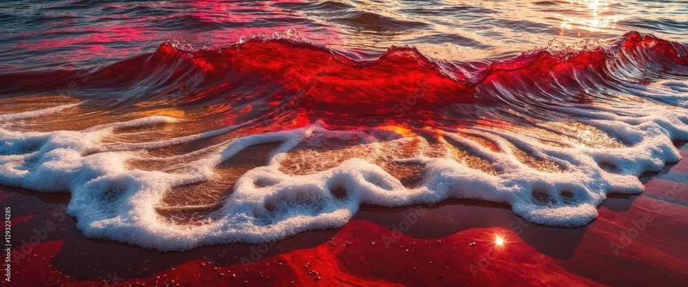 Poster vibrant red water waves with colorful reflections and sand patterns creating a serene beach scene id