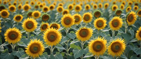 Vibrant Sunflower Field Blooming Under Bright Sunlight Showcasing Rows of Yellow Blossoms in a Scenic Landscape
