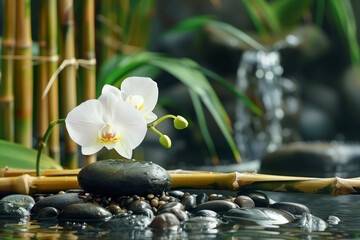 Tranquil zen garden with white orchids resting on smooth stones surrounded by bamboo and flowing water for serenity and relaxation. Perfect background for spa or massage decor.