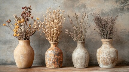 Rustic Dried Flowers in Earthenware Vases - A Peaceful Home Decor