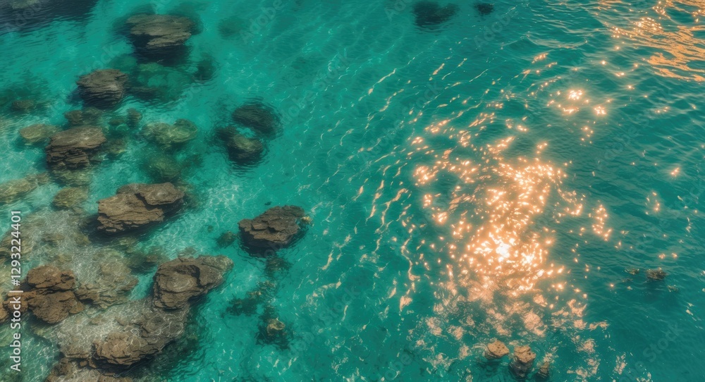 Poster sunlit turquoise waters with rocks below creating natural beauty and space for text or graphics in a
