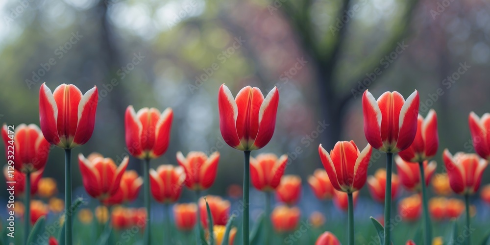 Poster vibrant red tulips in spring garden with soft focus background and ample space for text overlay