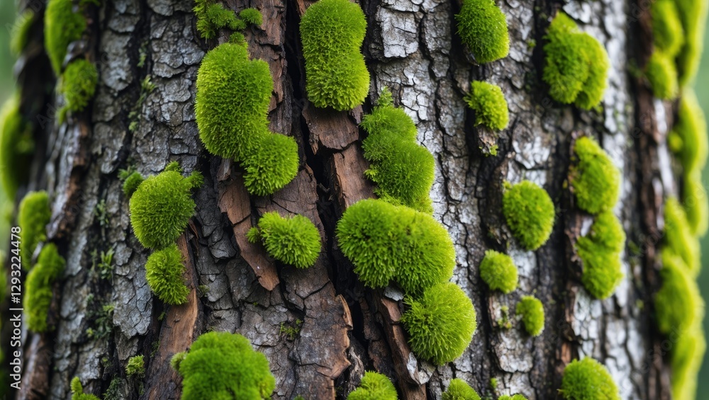 Poster vibrant green moss on textured tree bark creating an abstract macro background showcasing nature's i