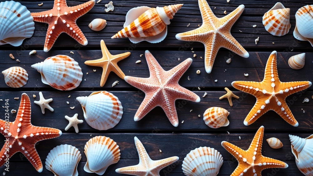 Poster seashells and starfish on dark wooden background with copy space for summer themes and text overlays
