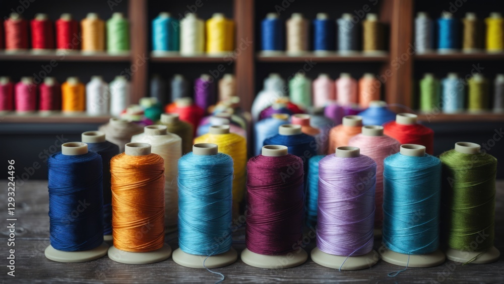 Poster vibrant collection of sewing thread spools in various colors displayed on a wooden table with neatly