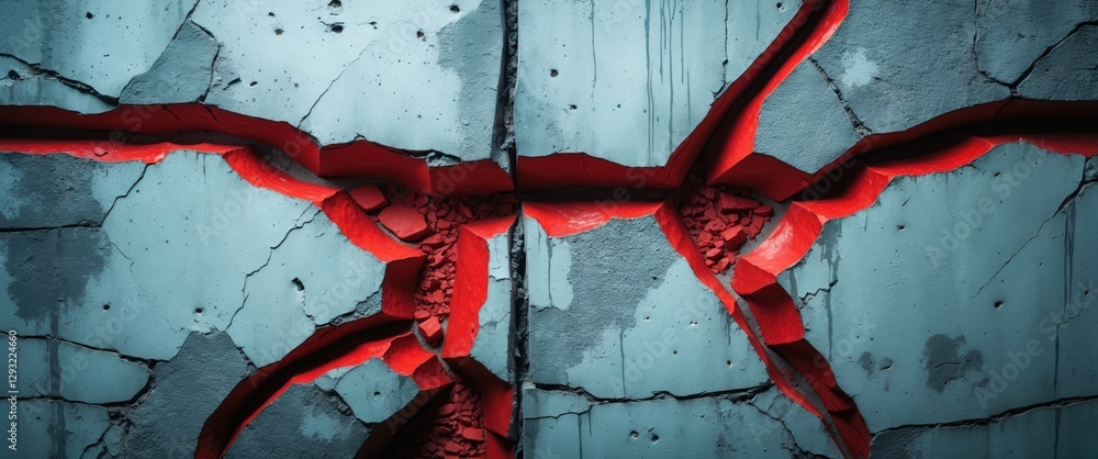 Poster cracked white and red concrete wall surface with intricate patterns and textures creating a striking