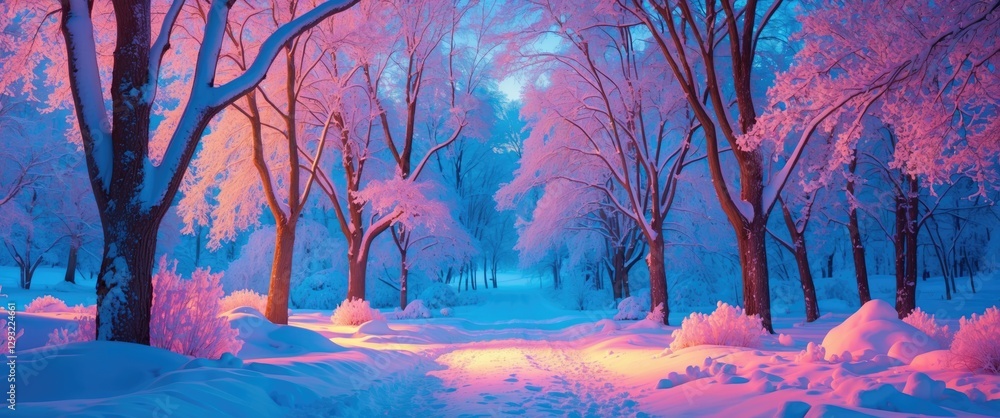 Poster mystical winter landscape with snow-covered trees creating enchanting textures and vibrant colors in
