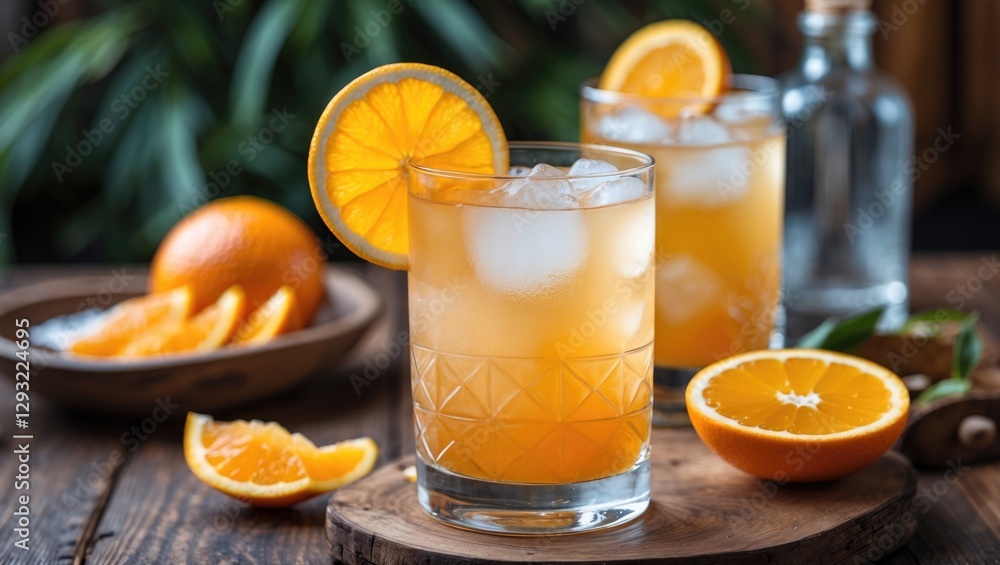 Aufkleber refreshing orange cocktail with ice garnished with citrus on wooden table in summer setting with cop
