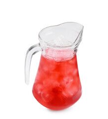 Delicious hibiscus tea with ice in glass jug isolated on white