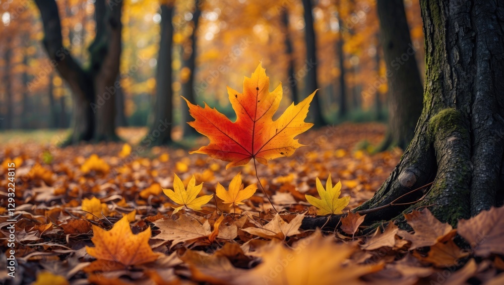 Poster autumn leaves in vibrant colors scattered on the forest floor with trees in the background creating 