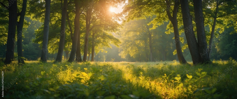 Poster serene summer forest scene with sunlight filtering through trees and abundant greenery ideal for tex