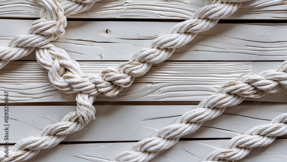 Poster textured white rope intertwined on a rustic wooden background creating a visually appealing pattern 