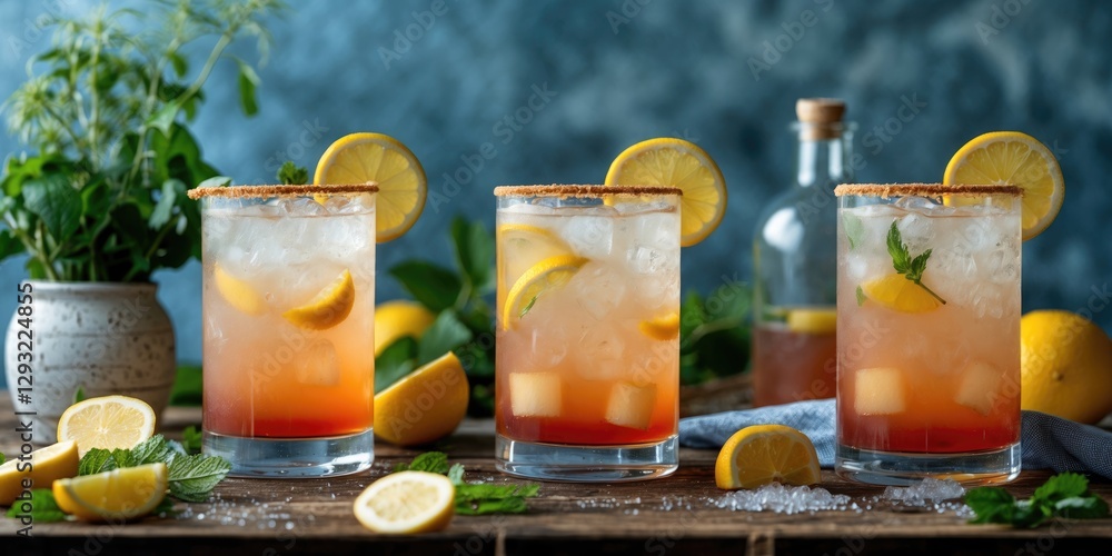 Poster summer refreshing cocktail display with citrus garnish and iced drink in glasses on rustic table wit