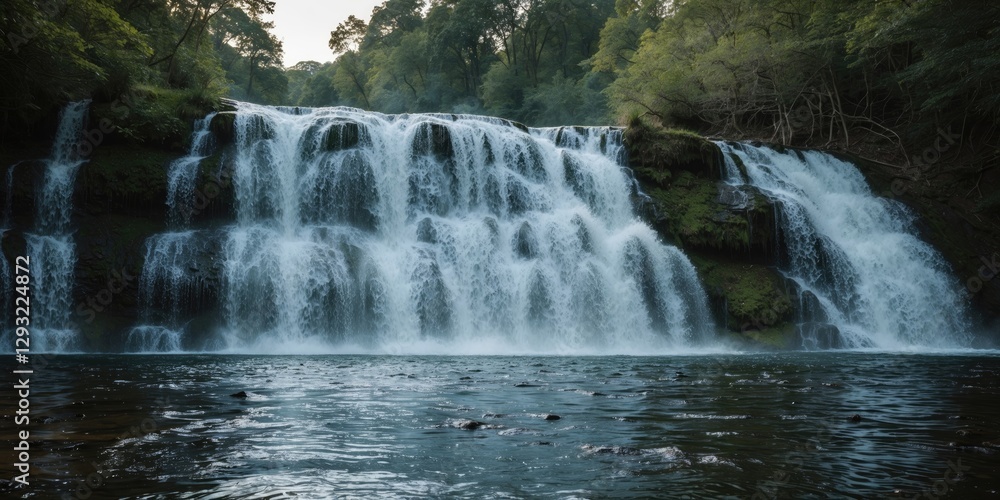 Poster majestic waterfall cascading into serene waters with lush greenery and ample empty space for text or