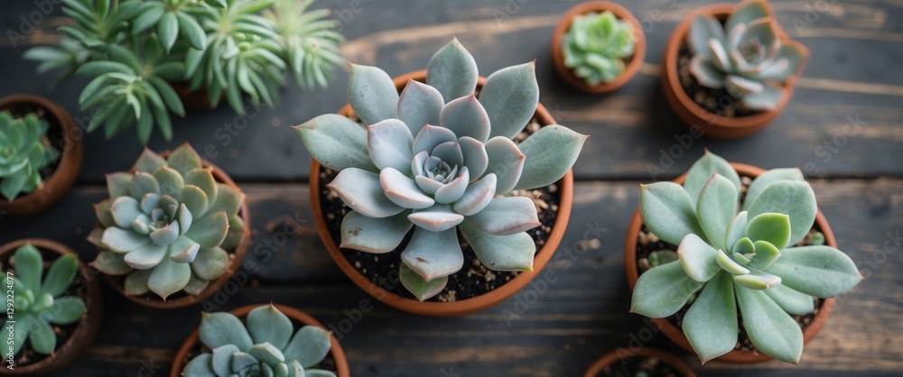 Poster succulent plants in terra cotta pots on wooden table with copy space for text or design usage