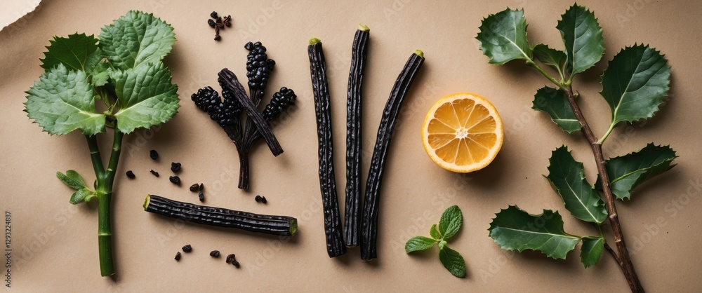 Poster arranged fresh licorice burdock and citrus reticulata on brown paper with empty space for text use i