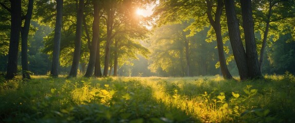 Fototapeta premium Serene Summer Forest Scene with Sunlight Filtering Through Trees and Abundant Greenery Ideal for Text Overlay