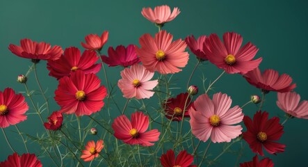Vibrant Cosmos Flowers in Vivid Red and Pink Against a Soft Green Background with Space for Text or Design Elements