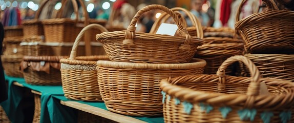 Wicker Baskets Displayed at a Craft Fair Showcasing Artisan Craftsmanship and Variety in a Vibrant Market Setting