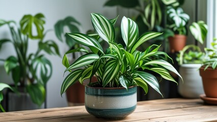 Obraz premium Tradescantia nanuk indoor plant lush greenery easy care houseplant in decorative pot on wooden table with sunlight and background plants