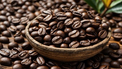 Fototapeta premium Rich roasted arabica coffee beans displayed in a wooden bowl with scattered beans and green leaves highlighting their origin and quality.