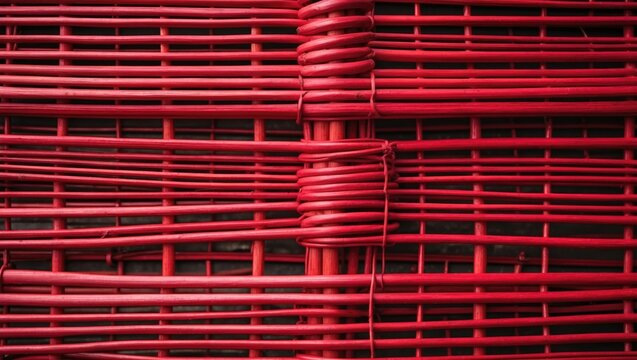 Red wicker texture background with intricate patterns ideal for design, crafts, and textile projects conveying warmth and vibrancy.