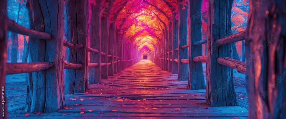 Poster vibrant autumn pathway with colorful leaves and wooden railings creating a serene and enchanting atm