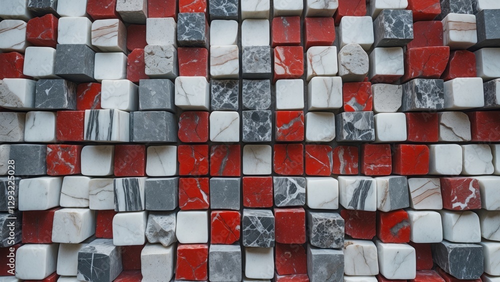Poster mosaic of irregularly arranged red white and gray marble cubes creating a textured surface ideal for