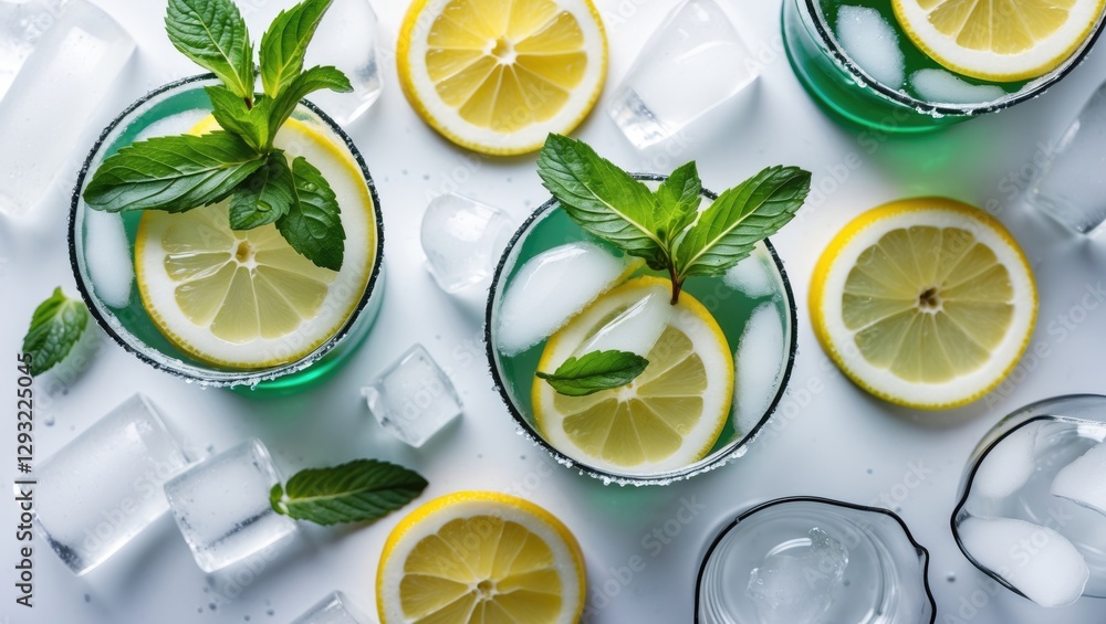 Poster refreshing lemon vodka cocktails garnished with mint and ice on a white surface with space for custo