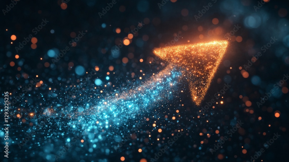 Fototapete glowing orange arrow made of particles pointing upwards against a dark background with blue sparklin