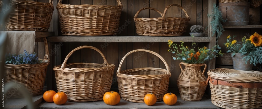 Poster wicker baskets displayed on wooden shelves with autumn decorations and empty space for custom text c