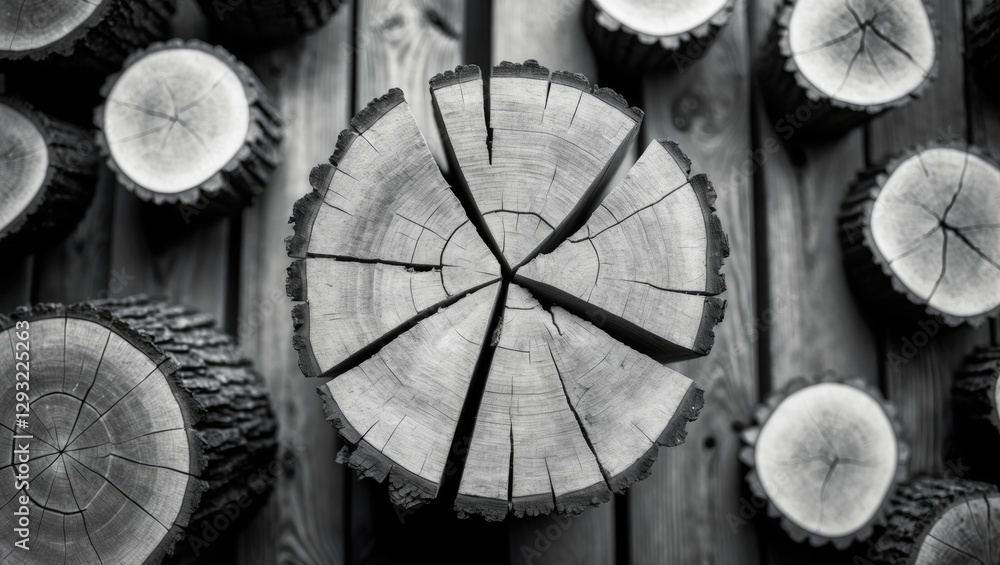 Poster tree stump in monochrome on wooden background showcasing natural textures and patterns in a top view