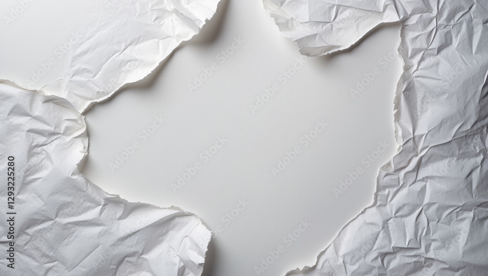 Poster crumpled white paper texture with a clean center space for text overlay or design elements in a mini