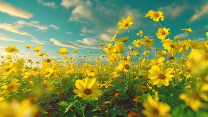 Obraz premium Vibrant yellow flower field under a blue sky with fluffy clouds creating a serene and cheerful nature background.