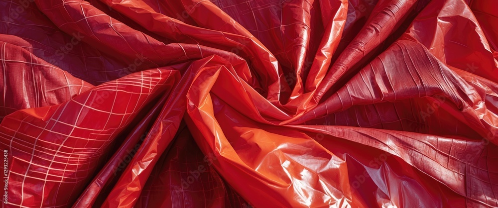 Poster red polypropylene fabric with a checkered pattern creating textured folds and creases highlighting i