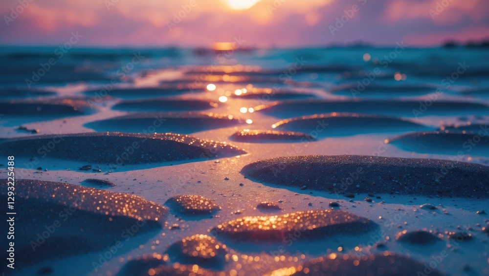 Aufkleber glimmering wet sand at sunset with reflective pools and soft waves creating a serene beach atmospher